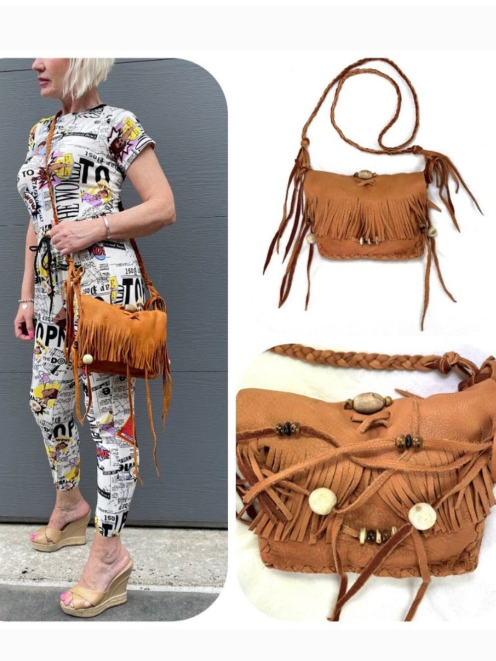 New Handmade Natural leather Fringe Crossbody bag